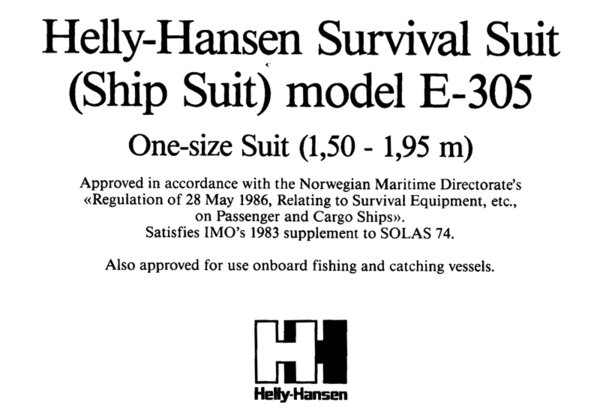 Survival Suit / Überlebensanzug / Helly Hansen E-305 / IMO 83 / SOLAS 74 / VERKAUFT !